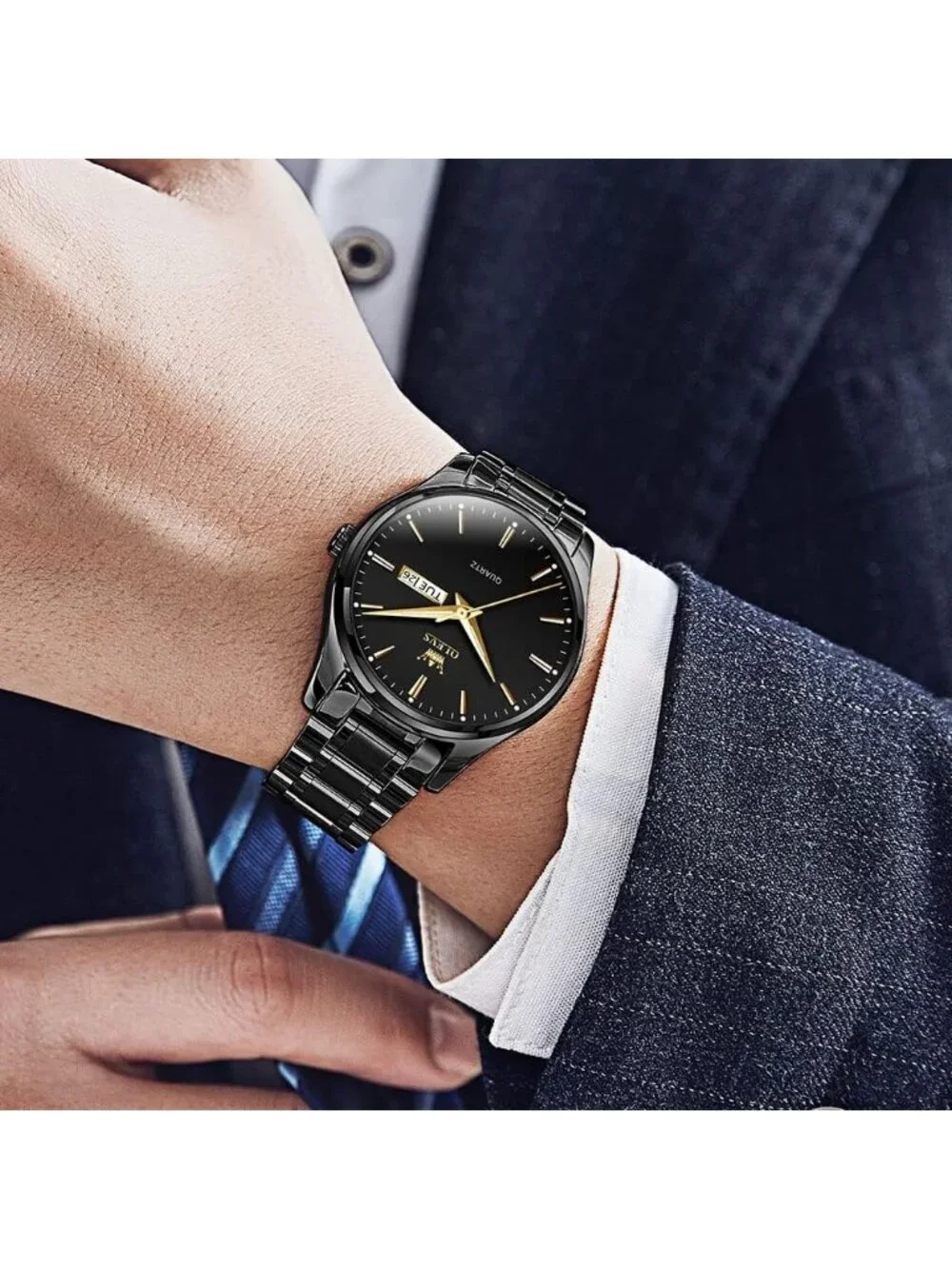 Men's All Black Stainless Steel Analog Quartz Classic Waterproof Round Watch